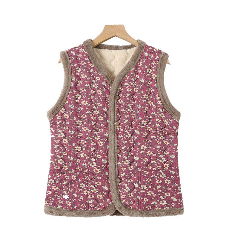 Mom's Floral Fleece-Lined Vest: Small, Cotton Sleeveless Jacket for Autumn/Winter Warmth, Princess Style