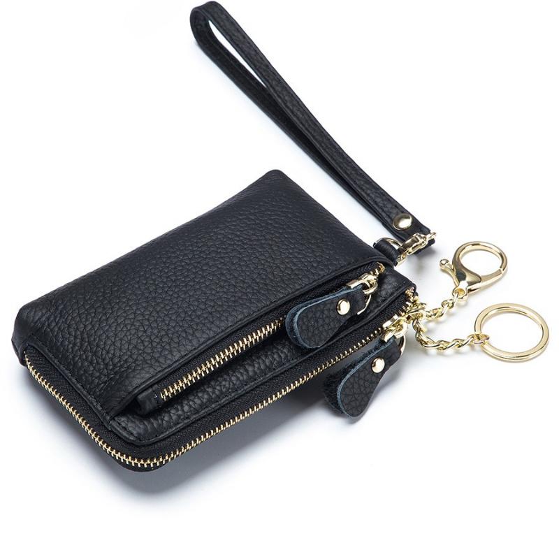 Dame PU Læder Dobbelt Lynlås Møntpung Håndledsrem Pung Stor Kapacitet Kortindehaver Nøglepung Lille Clutch Taske med Nøgleringsrem