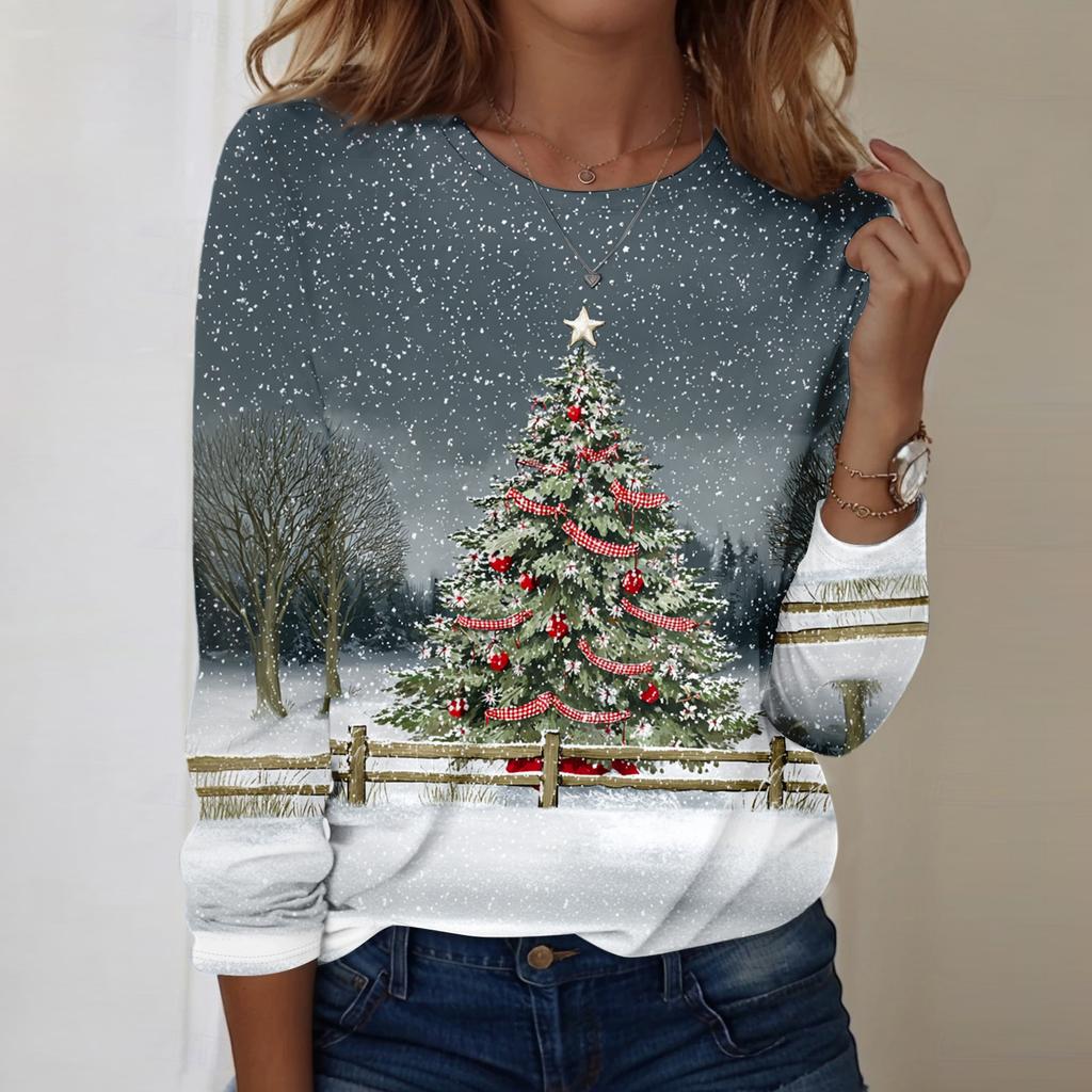 Dammode Casual Långärmad Jultryckt Rundhalsad Topp