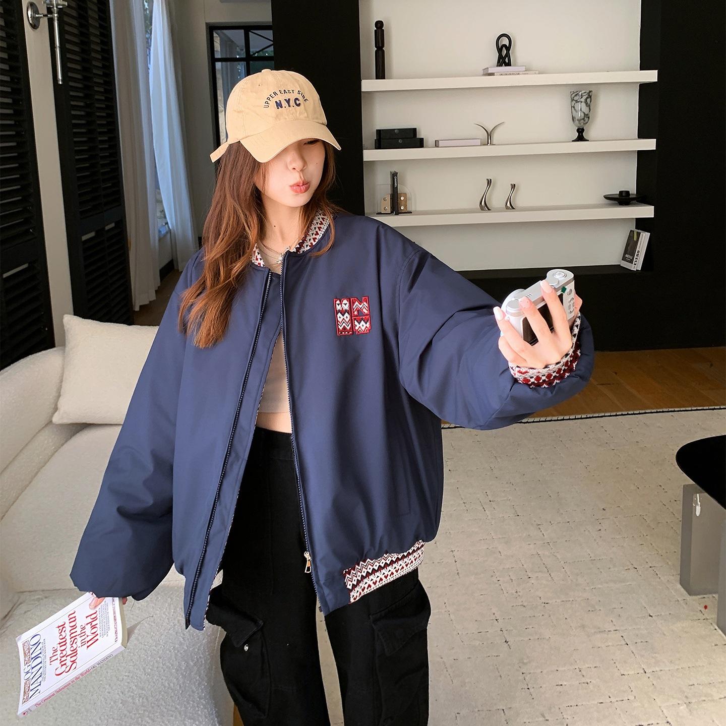 

Ретро Жаккардовая Хлопковая Куртка для Женщин Зимняя Новый Дизайн Свободная Бейсбольная Форма Утепленная Хлопковая Куртка XL