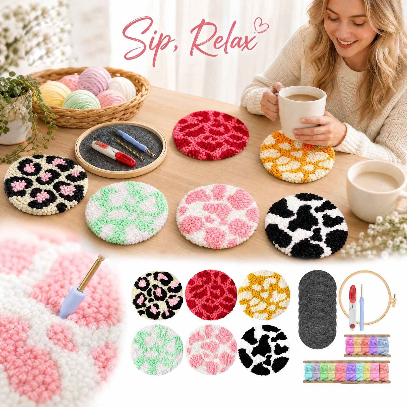 Punch Needle Set für Erwachsene - DIY Stickset mit Garn und Stoff, Wärmeisolations-Set, Stressabbauendes Geschenk one size