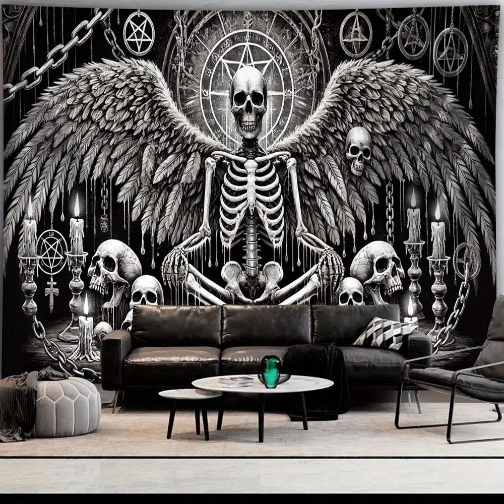Dark Skull Angel Pentagram Tapestry Black and White Gothic Ritual Print Halloween Horror Spooky Season Gothic Horror
