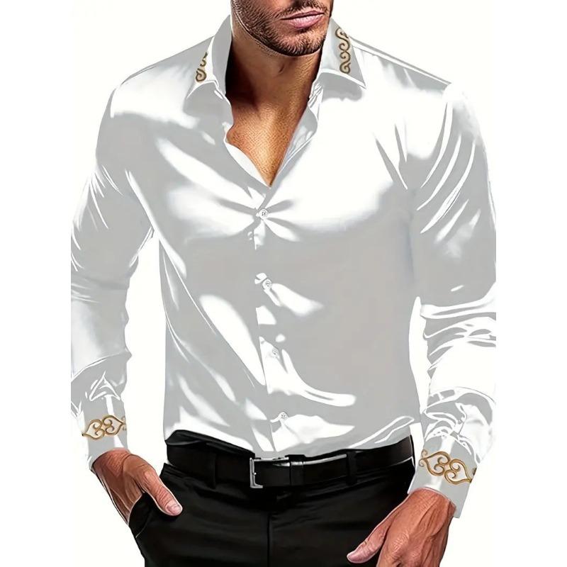 Spring Men's Silk Like Dress Shirt with Gold Baroque Trim Long Sleeve Formal Top