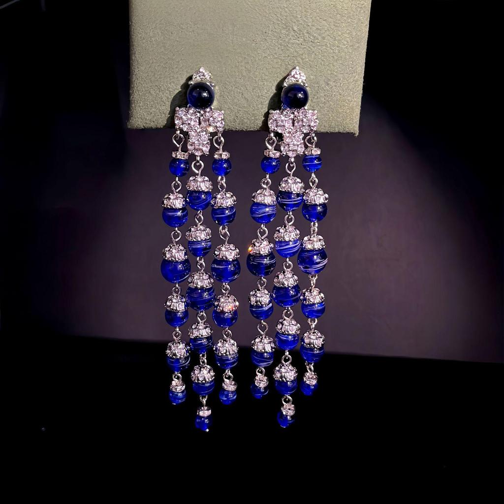 Elegant Blue Glaze Diamond Tassel Clip Earrings for Formal Gowns