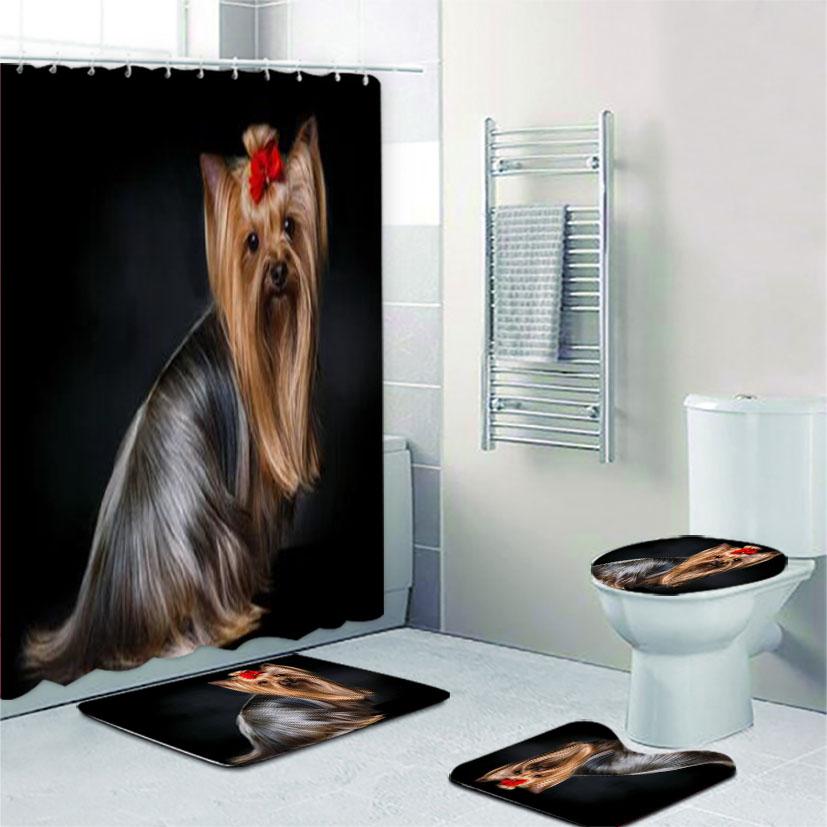 Funny Laughing Yorkshire Terrier Dog Bathroom Shower Curtain Set Sitting Yorkie Puppy Doggy Bath Mats Rugs Toilet Bathroom Set