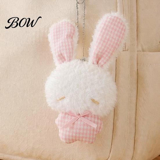 Stuffed Plaid Ear Bunny Ribbon Bow Rabbit Plush Pendant for Backpacks, Soft Plushie Bag Charm, Animal Keychain Decoration