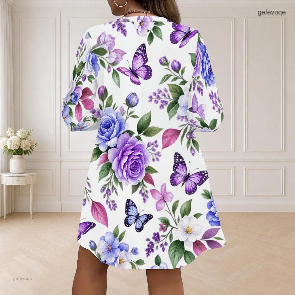 Women Plus Size V Neck Long Sleeve Floral Printed White Loose Curved Hem Dress