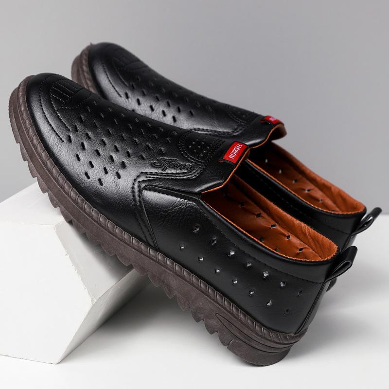 Hollow leather shoes men's summer breathable soft leather lowtop business leisure onepedal hole dad men's shoes