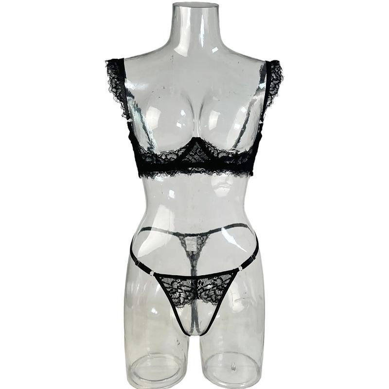 Women Black Lace Lingerie Set Underwire Push Up Bra Hollow Out Sexy Lingerie Set Lace Panty Matching Set