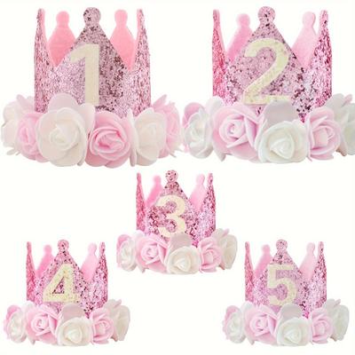 1 st 1, 2, 3, 4, 5 födelsedagshatt, rosa och vita blommor och rosa paljetterad filt födelsedagskalas kronhatt