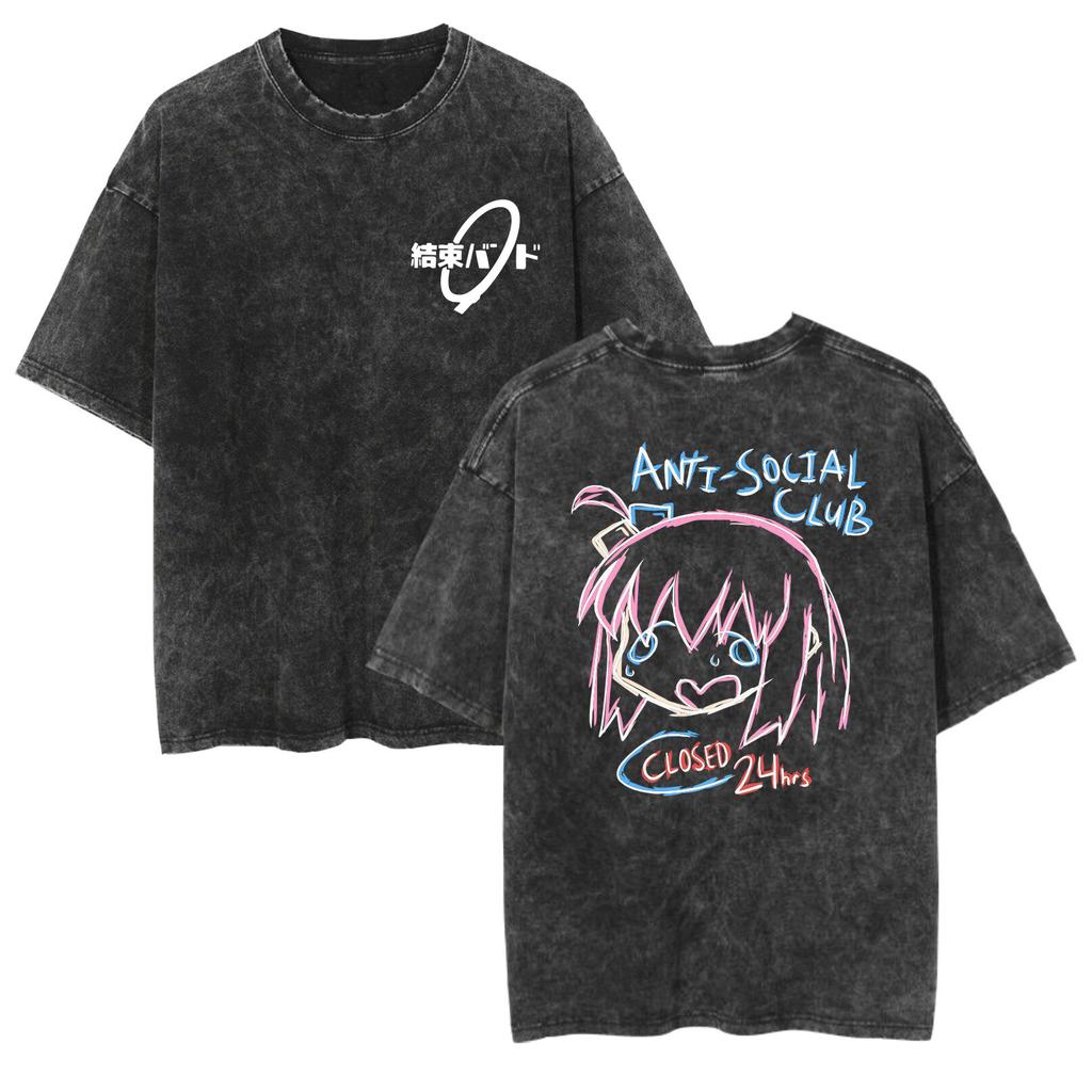 Bocchi The Rock Kessoku Band Silhouette Doublesided Vintage Washed T Shirt 2026 Summer Oversized  Graphic Tee for Men Women