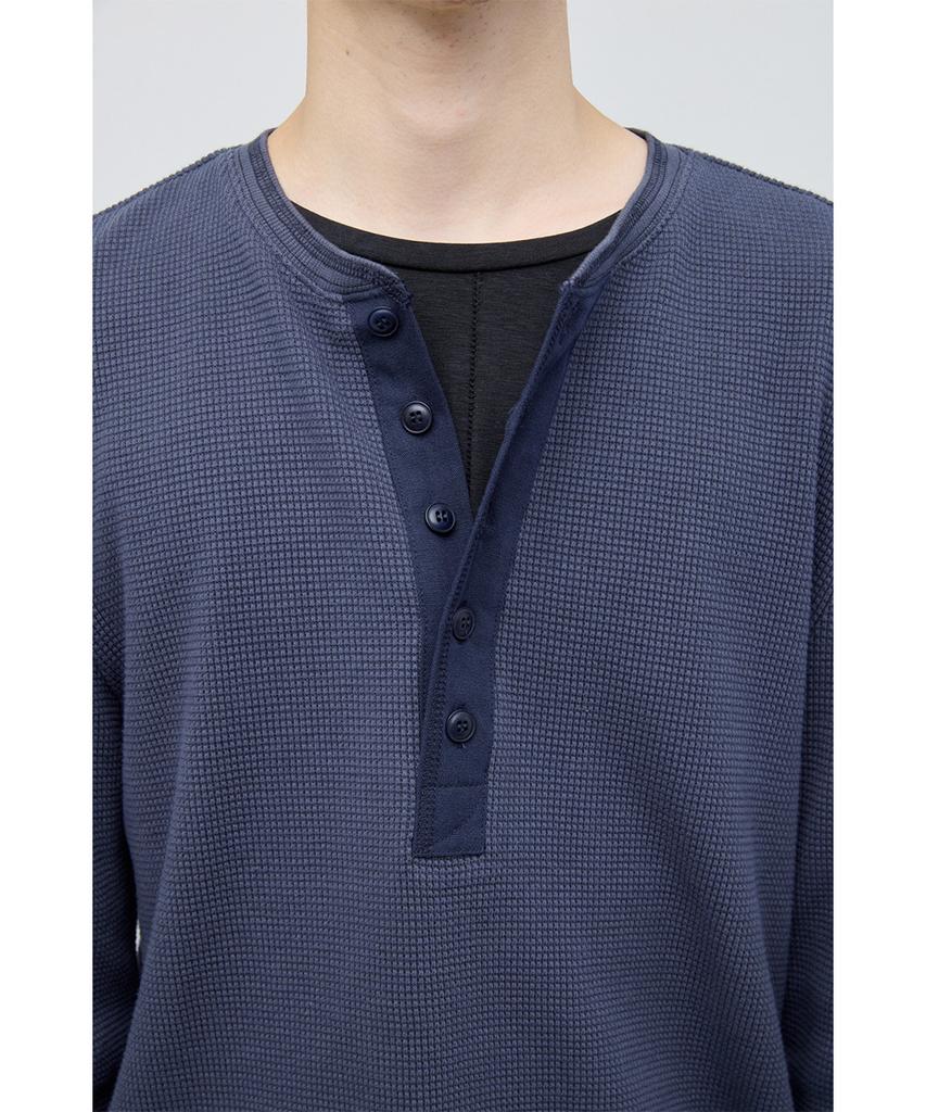 HATCHINGROOM Thermal Henley Tee Blue Charcoal