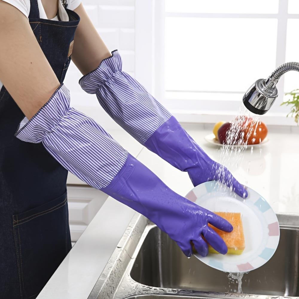 1Pair of Extended Velvet Thermal Household Cleaning Gloves, Waterproof Kitchen Dishwashing Gloves