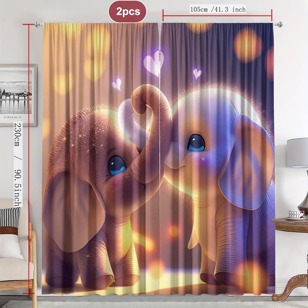Elephant Love Curtains Set of 2 – Adorable Twin Elephants with Heart Bokeh, Rod Pocket Semi-Sheer Drapes