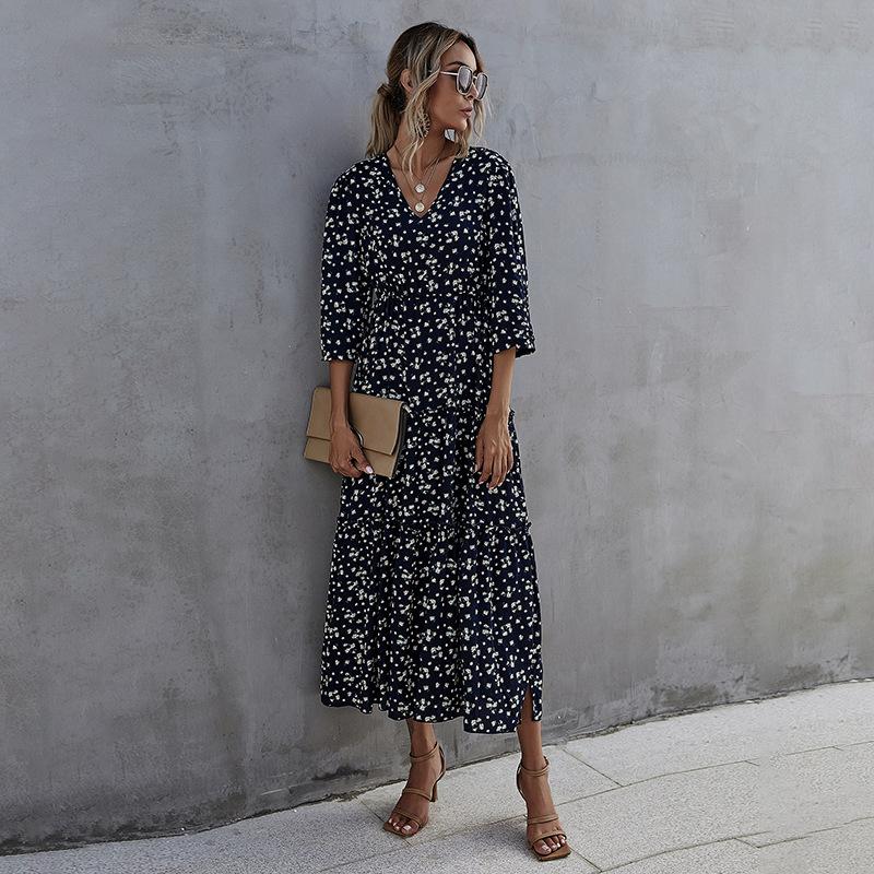 Sommer-Maxikleid mit Print, lang, schmal, V-Ausschnitt, hohe Taille, halbe Ärmel, Marineblau, SML XL