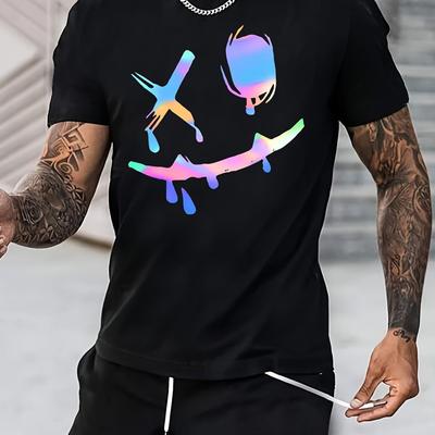 T-shirt z nadrukiem uśmiechniętej buźki, casualowy, z okrągłym dekoltem, krótkim rękawem, męska odzież na co dzień, wakacje, kurorty