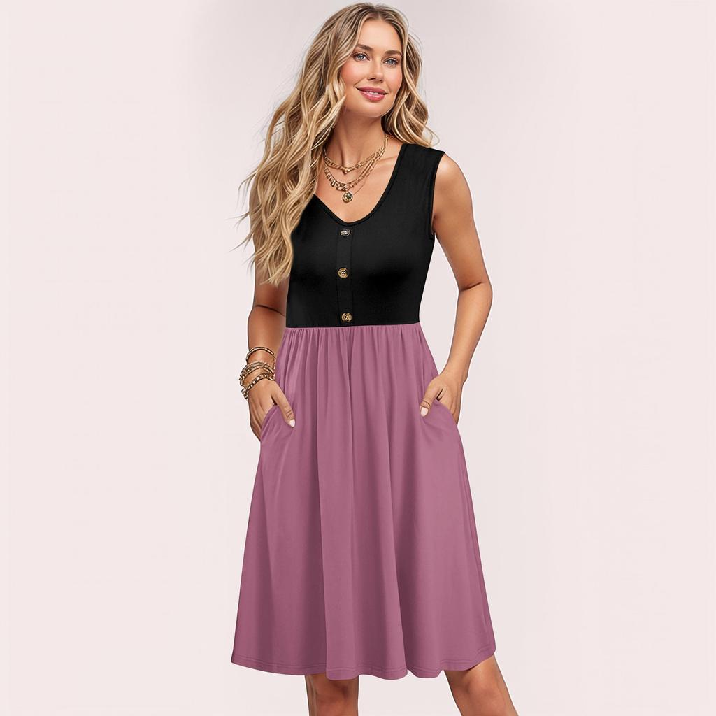 Women Summer Dresses Sleeveless Casual Loose Swing Button Down Midi Sundress With Pockets