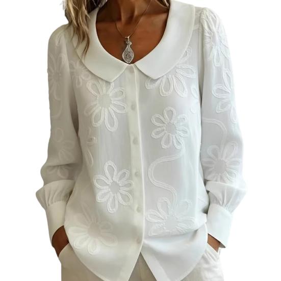 Women Shirt Loose Fit Doll Collar Long Sleeve Buttons Placket Shirt Tops Embroidery Flower Jacquard Pattern Loose Fit Shirt