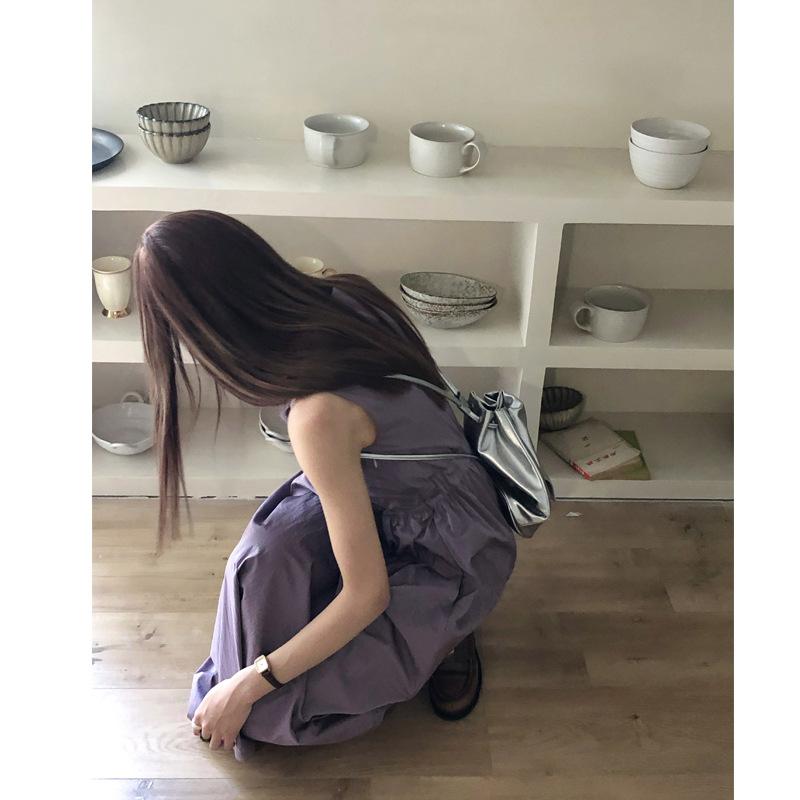 Korean Version Purple Suspender Dress for Women In Summer with Gentle Waist Style A-line Long Skirt