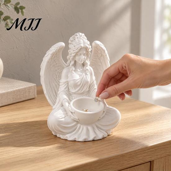 Mini Indoor Flower Pot 3D Printed Sitting Angel Figurine with Bowl, White Statue Tabletop European Style Home Decor Ornament, Multi-Purpose Holder for