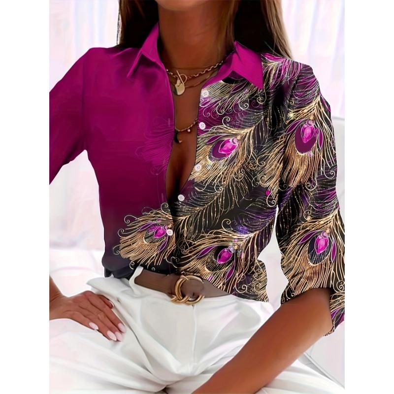 Fashion Women's Chain Flower Printed Shirt Women's Long Sleeve Tops Cotton Office Spring and Autumn Casual Loose Tops