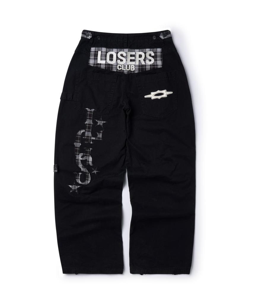 Lujeoseukeulleob Check Patch Wide Cotton Pants Black