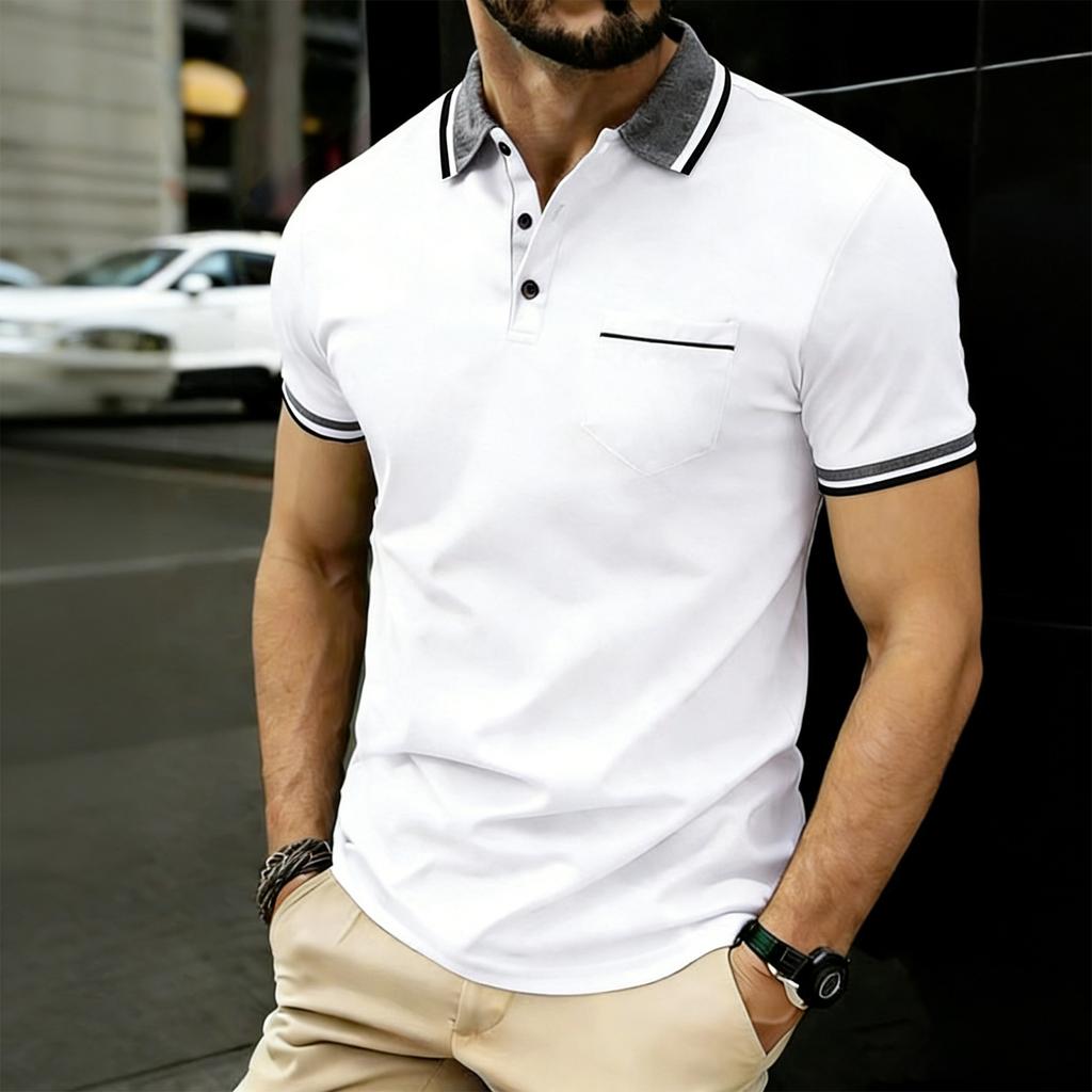 Polo da uomo a maniche corte con colletto e taschino, top casual a vestibilità classica per l'uso quotidiano