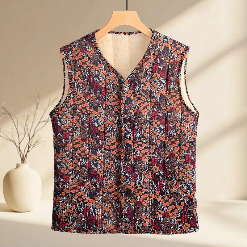 Květinová fleecem podšitá teplá vesta pro ženy středního a staršího věku