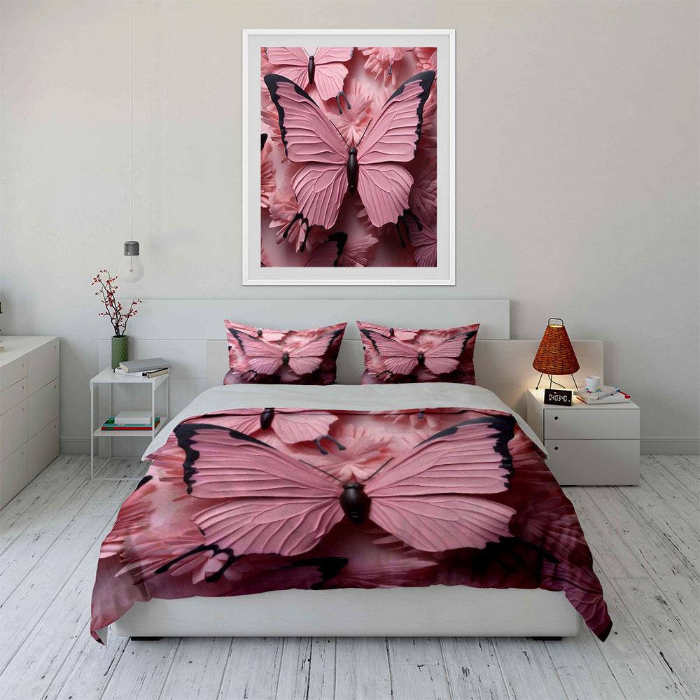 3D Papierschnitt Rosa Schmetterling Bettwäsche SetFloral Geprägter Textur Druck Bettbezug 2 Kissenbezüge Einzel Doppel King QueenGeschenk