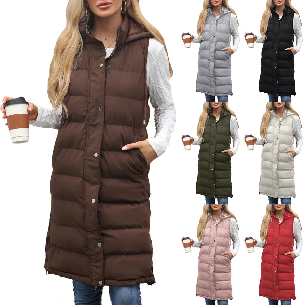 Fashionable Women's Hooded Sleeveless Vest Long Solid Color Zipper Padded Thickened Jacket