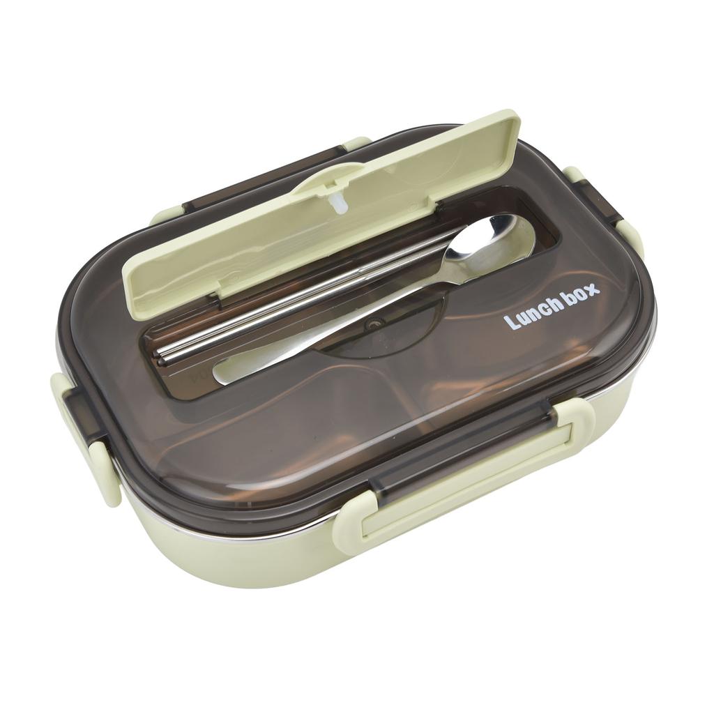 Przenośny Pojemnik na Lunch dla Dzieci ze Stali Nierdzewnej 304, 1,3L, Czterokomorowy Bento Box z Miseczką na Zupę, Pałeczkami i Łyżką, Zielony