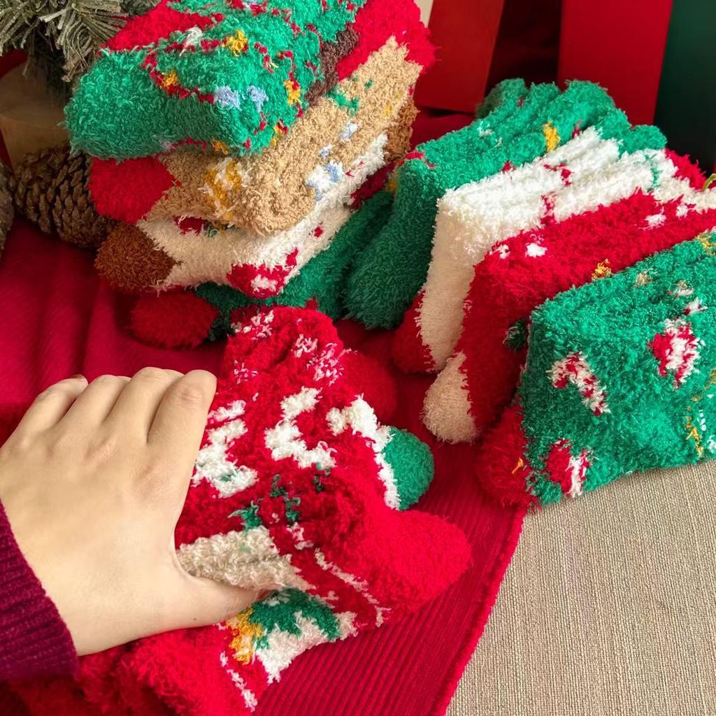 Women's Plush Coral Fleece Mid-Calf Socks - Cute Cartoon Christmas Fuzzy Sleep Socks for Autumn and Winter
