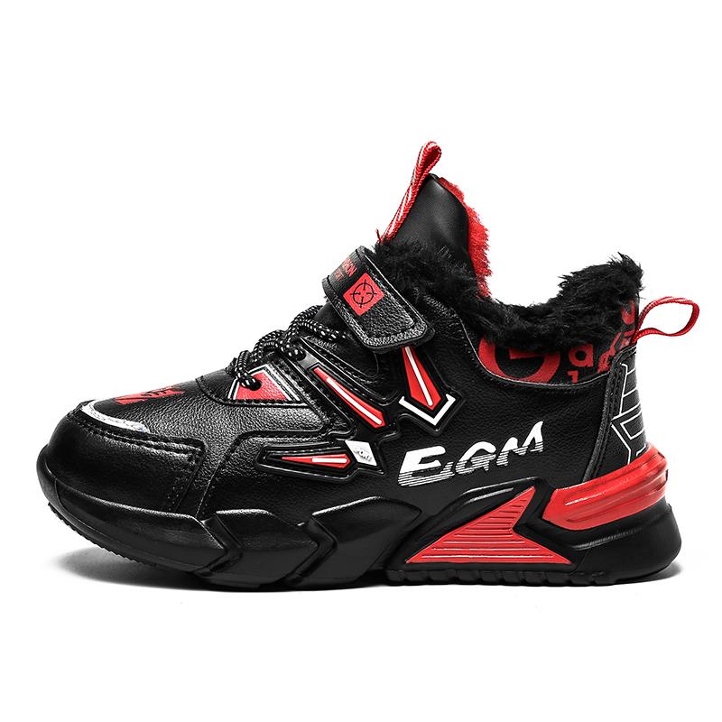 Fashion Children Winter Leather Cotton Shoes Boys Waterproof Warm Running Shoes Kids Outdoor Walking Casual Shoes Tennis Red Black