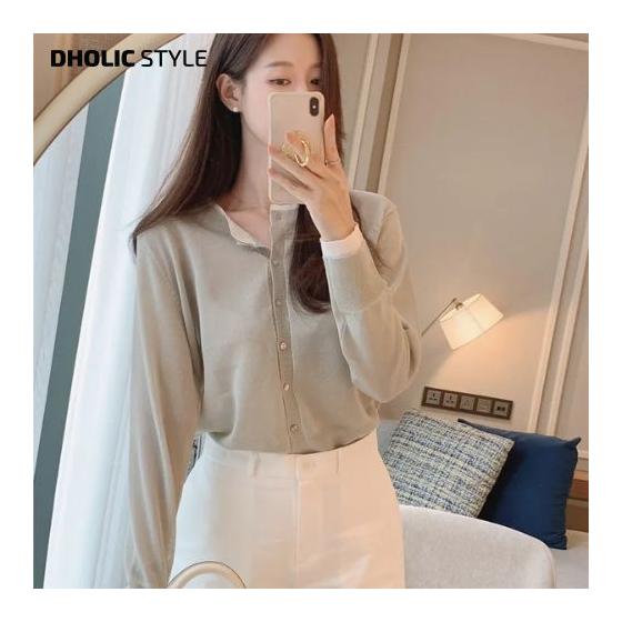 Ladies Korean Fashion dholic Spring Haru SS Autumn Fall Autumn Aki FW Layered Crew Neck Sheer Cardigan P680607 Knit Cardigan Basic Casual Simple