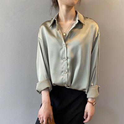 Satynowe koszule damskie w stylu Vintage koreański Ins stylowy kardigan z długim rękawem ponadgabarytowy urząd Lady Chic elegancka bluzka