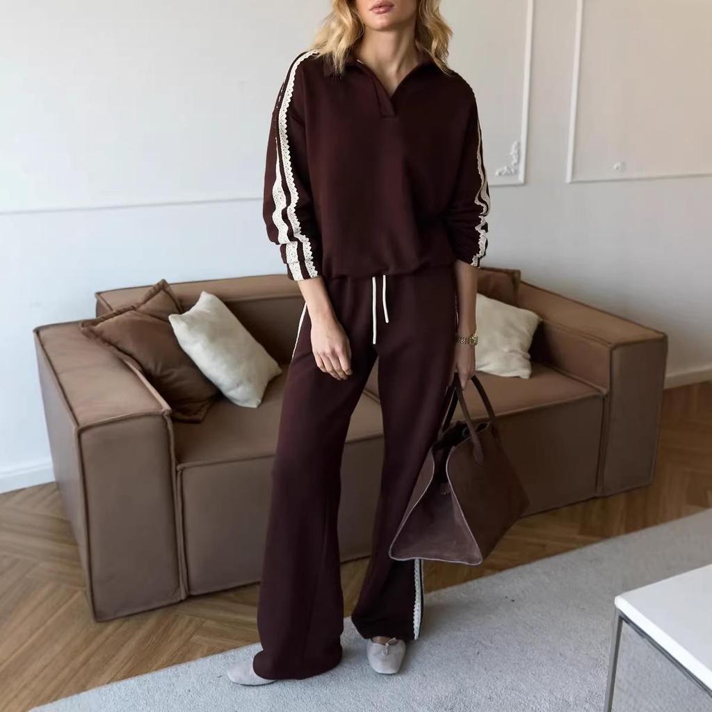 Completo casual da donna con bordi in pizzo, colletto ripiegabile, maniche lunghe e pantaloni per Primavera/Autunno