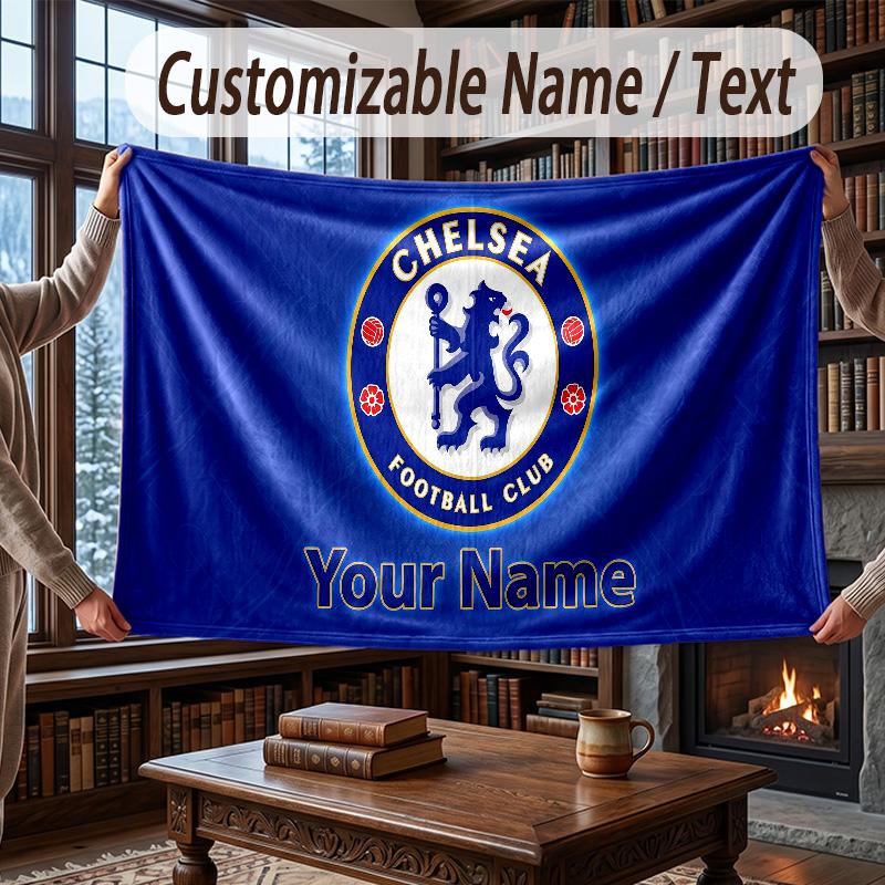 Custom Name Flannel Throw Blanket Chelsea FC Pattern Warm Home Decoration