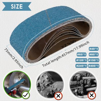 3x18 Zoll Schleifbänder für Bandschleifer Zirkonkorund Schleifpapier für Holz, Metall, Edelstahl 40/60/80/120/150/240/400 Körnung