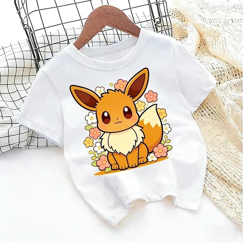 Pokemons White Tshirt Boy Girl Toddler Cute Kids Anime Game Cartoon Casual Streetwear Short Sleeve Childern Clothes Cotton Tops