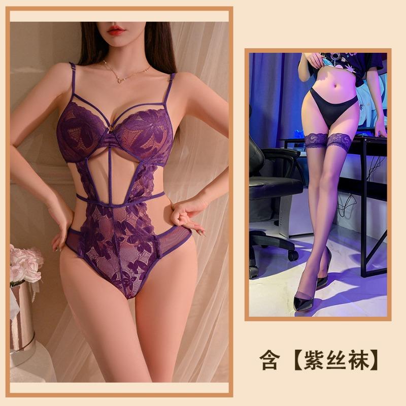 Purple Erotic Underwear, Sexy Lace Hollowed-out Suspenders Show Large Perspective, Free Backless Pajamas, Pure Desire Set