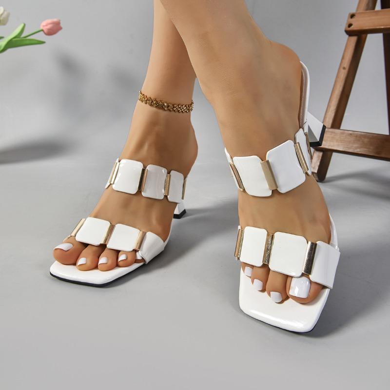 Fashion Stiletto Flip-Flops Women Summer New Square Toe Open Toe Metal Decoration Non-Slip Wear-Resistant Outer Wear High Heel Sandals