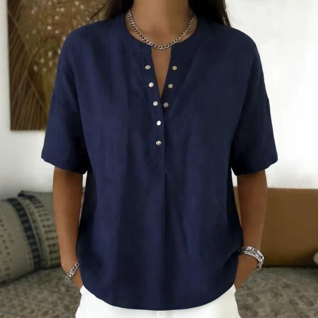 Women's Linen Blend Henley Neck Short Sleeve Casual Shirt