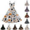 Womens Halloween Print Dress Off Shoulder Punk Style Vintage Flared Skirt Spaghetti Strap Sleeveless Dress for Party