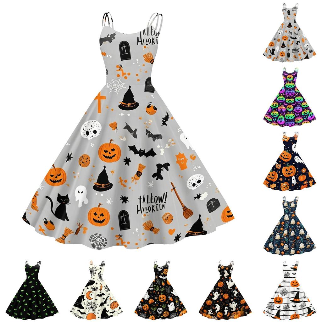 Womens Halloween Print Dress Off Shoulder Punk Style Vintage Flared Skirt Spaghetti Strap Sleeveless Dress for Party