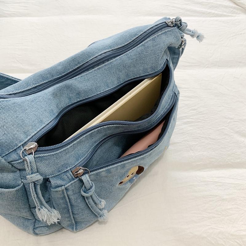 Denim Vintage Shoulder Bag Women Embroidered Cat Crossbody Bag