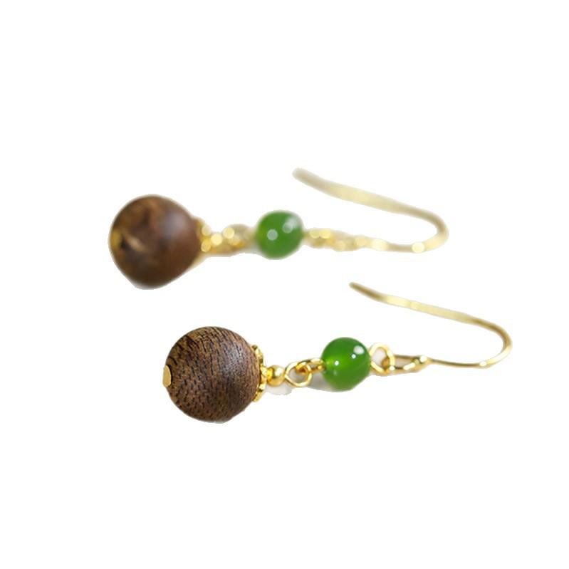 Agarwood Tassel Wooden Earrings with Hetian Jade Bi Hooks - New Chinese Style Long Dangle National Style Earrings