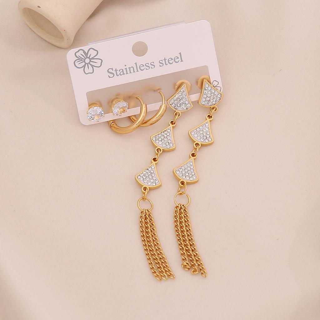 3 Pairs Flower Tassel Stud Earrings, Satisfy Drop Moon Stainless Steel Earrings, Versatile Ear Jewelry