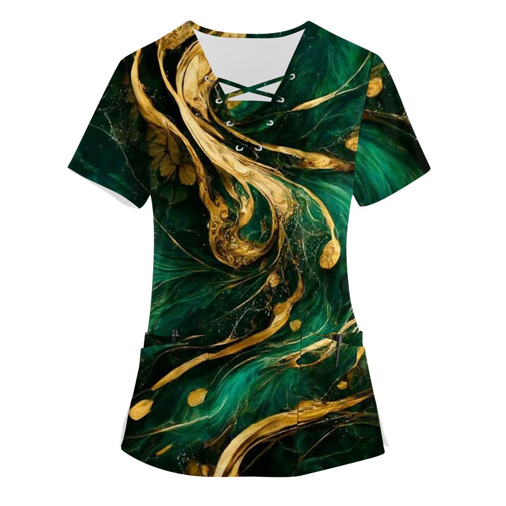 Dámská pracovní uniforma s krátkým rukávem a výstřihem do V s potiskem