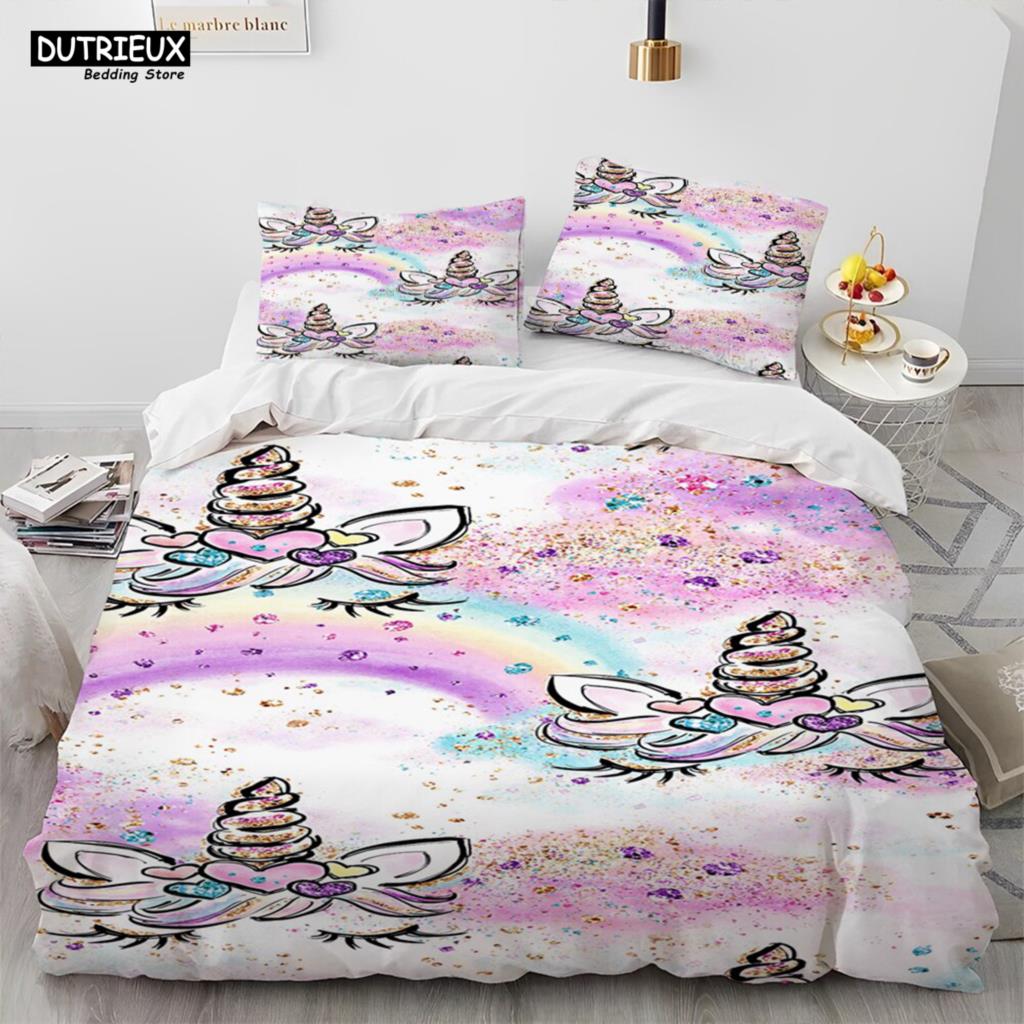 Unicorn Cute Cartoon Comforter Bedding Set,Duvet Cover Bed Set Quilt Cover Pillowcase,Queen Bedding Set For Child Boy Girl Gift