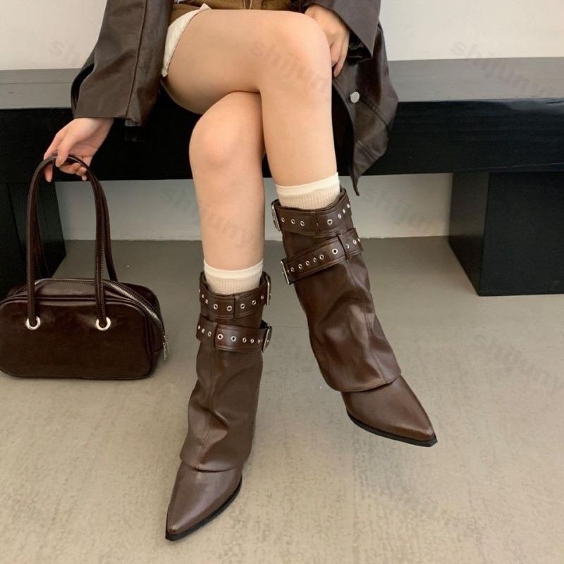 Women Ankle Boots 2026 Autumn Belt Buckle Fashion Pointed Toe Thick Heels Ladies Western Cowboy Boot Retro Leather Botas Mujer